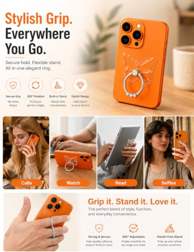 Image of Mizi 2-Pack Butterfly Phone Ring Holder Stand, 360 Rotating Finger Grip Kickstand - Sparkling Rhinestones, Strong Adhesive Transparent Phone Ring - iPhone, Samsung, Tablets & Most Phone Cases, Clear