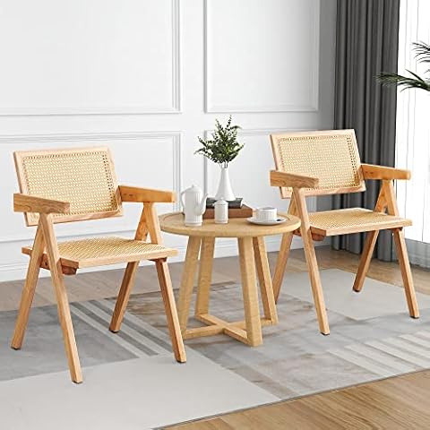 Way2Furn Rattan Chair Set of 2, Mid Century Modern Chair for Kitchen, Cane Dining Chair with Cane Back & Wood Base, Dining Room, Study Room, Living Room, Yard, B&B, Teahouse, Hotel, Natural Cover