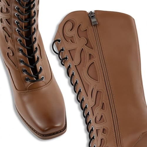 SO SIMPOK Lace Up Cowboy Boots for Women, Vintage Knee-High Cowgirl Boot, Low Heel Mid Calf Western Boots, Tall Square Toe Boot for Ladies2