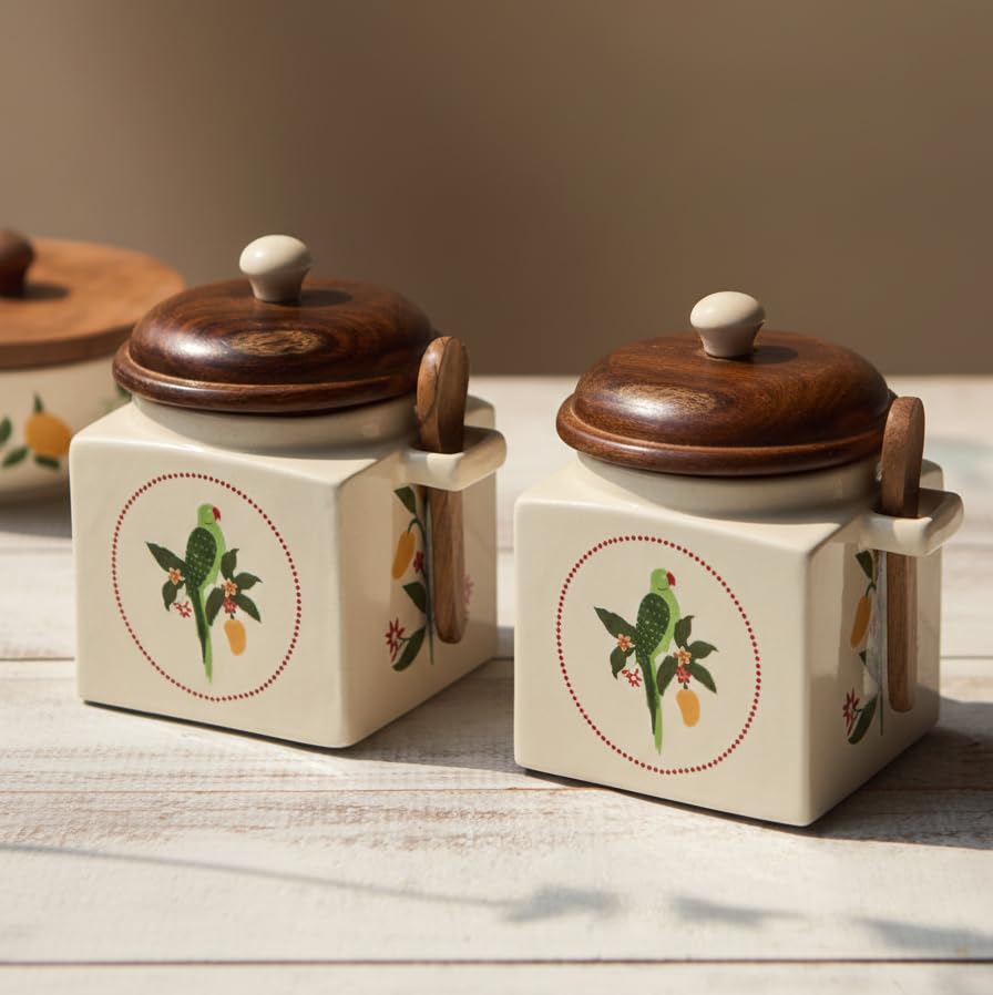 Airtight Ceramic Jar with Wooden Lid and Wooden Spoon, 900ml Pack of 2, Kitchen Container for Sugar, Tea, Salt, Pickles (Parrot)