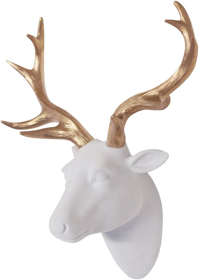 Animal Head Wall Decor, White Faux Furry/Felt/Velvety Resin Deer Head with Gold Antlers For Wall Mount Decoration, Size 10" x 5.5" x 12" by Smarten Arts