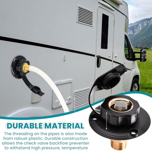 Image of RV City Water Inlet with Check Valve, 3 /4 NH Female to 1 /2 NPT Male Thread Fresh Water Inlet Replacement, City Water Fill Inlet Connection with Dust Plug for RV Camper Motorhome Trailer Marine