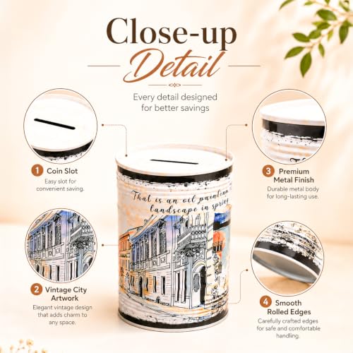 Image of MARKET 99 White Round Money Bank | Glossy Tin Coin Bank with Vintage Theme Print | Decorative Piggy Bank for Kids & Adults | Cute Metal Savings Box for Home, Office Desk, Tabletop & Birthday Gift