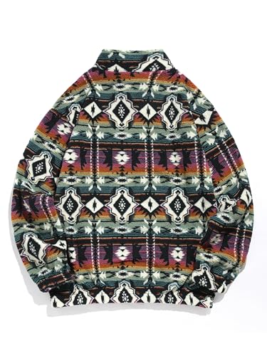 Image of ZAFUL Men 1 /4 Zipper Ethnic Aztec Fleece Unisex Winter Sweatshirt Tops 2026 | Funnel Neck Fluffy Polar Fleece Faux Sherpa Soft Thermal Pullover Kangaroo Pocket Jacket Hoodie Tops