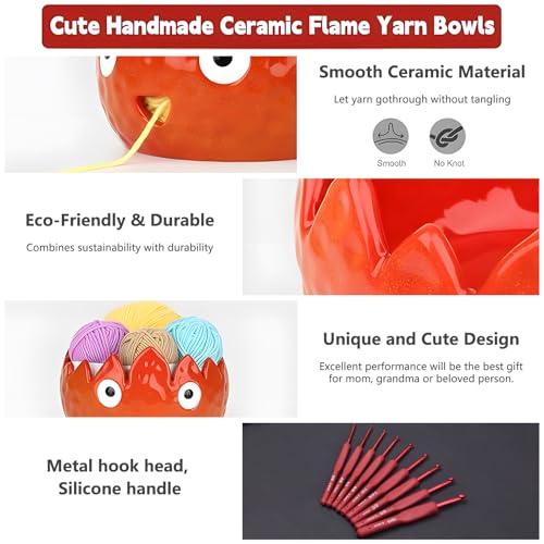 Image of Flame Yarn Bowl with 9 Size Crochet Hooks