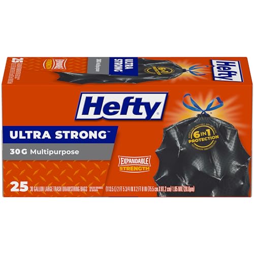 Image of Hefty Ultra Strong Multipurpose Large Trash Bags, Black, Unscented Scent, 30 Gallon, 25 Count (Pack of 6), 150 Total