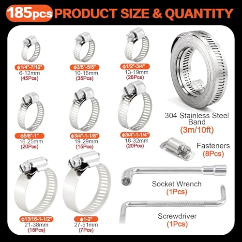 Image of 185Pcs 304 Stainless Steel Worm Gear Clamps Assortment Kit 1 /4 inch-2(6-51mm), with 10FT Metal Strap+8 Stronger Fasteners for Automotive, Plumbing, Marine & DIY