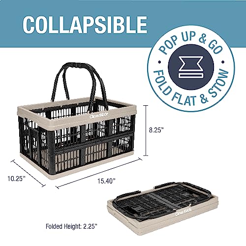 Image of CleverMade Collapsible Shopping Basket, 16L Storage Crate, 3 Pack, Tan | Keep Groceries Upright in the Car | Rigid Walls Carry 22 lb Each, Stack Securely, and Fold to 2.25 Inches for Storage