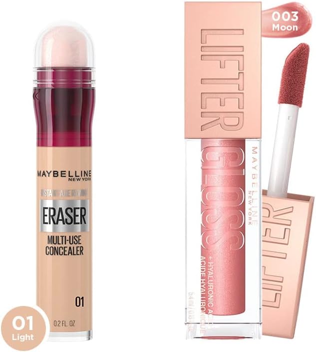 Maybelline New York Instant Anti Age Eraser Kapatıcı, 01 Light + Lifter Gloss Nemlendirici Dudak Parlatıcısı - 003 Moon