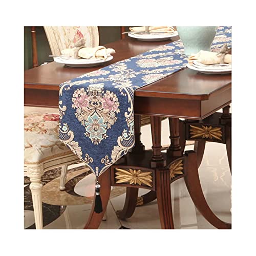 Chemin de table bleu anti-plis en chenille pour protéger et sublimer votre table en bois