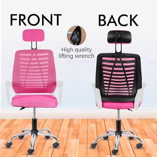 Image of Casa Copenhagen,Mesh Office Desk,Rocking, Ergonomic Computer Chair Adjustable High with Headrest and Comfortable Armrest Swivel Chair - Pink & White Handle