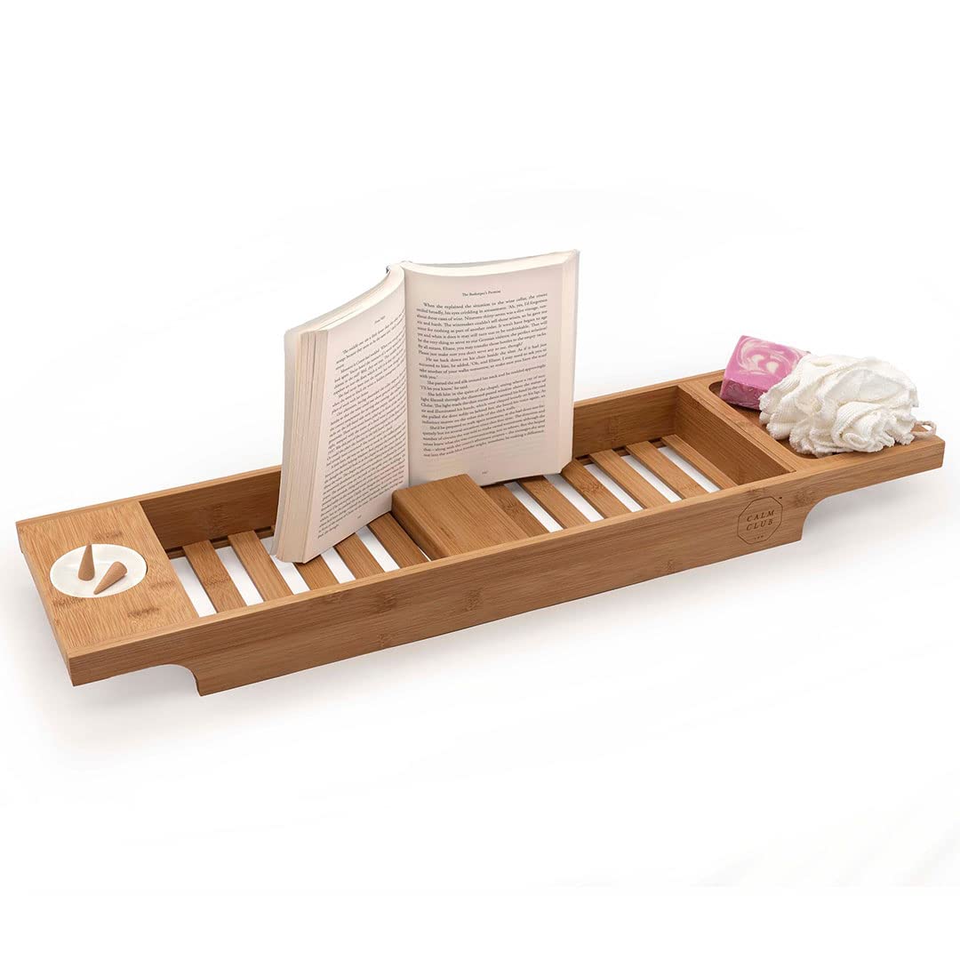 Luckiesof London Calm Club Bath Board - Bamboo bath tray with book rest, incense cones and ceramic dish.