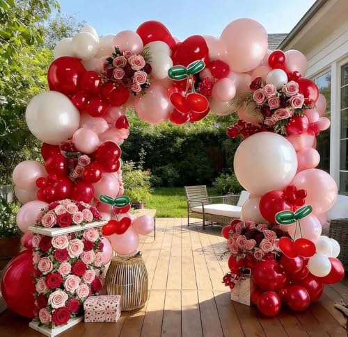 Image of Red Pink Balloon Arch Double Stuffed Latex Pink White Pearl Balloons Red Green Long Balloon Garland for Cheery On Top Baby Shower Birthday Valentines Bridal Shower Garden Berry Party Decoration