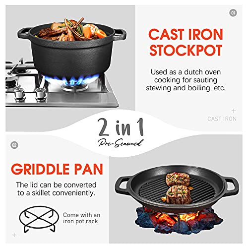 Pre-Seasoned Cast Iron 2-In-1 Heavy-Duty 5.5Qt Dutch Oven With Skillet Lid Set, Oven,Grill, Stove Top, Bbq And Induction Safe #TOP5