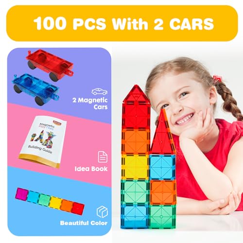 Gemmicc 100-Piece Magnetic Tiles with 2 Cars — view 2