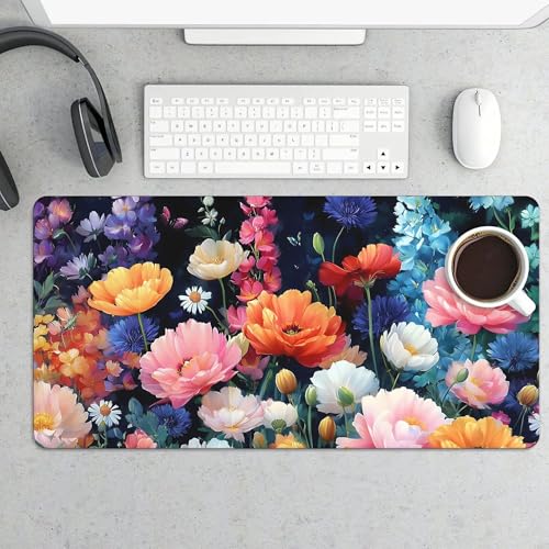 Image of Exquisite Flowers Plants Extended Gaming Mouse Pad, with Stitched Edges Large Mouse Pad Desk Protector, Rubber Base Mousepad Keyboard Mouses Mat for Work Game Office Home- 32 inch X 16 inch Inch