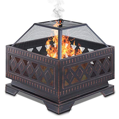 LIVIVO Lattice Design Fire Pit Brazier with Mesh Spark Guard, BBQ Grill Insert and Metal Fire Poker Iron Weather and Rust-Resistant (25