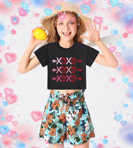Image of Tkria Girl Crop Tops Valentine Short Sleeve Tshirt Tie Dye Heart Teen Girls Shirt Clothes 6-14 Years