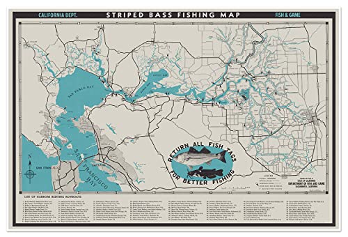 Map of Central California Striped Bass Fishing Grounds, Waterways, and Roads circa 1952 - from San Francisco to Stockton - Maps Inset Shows Boat Rentals (24 inches x 36 inches)