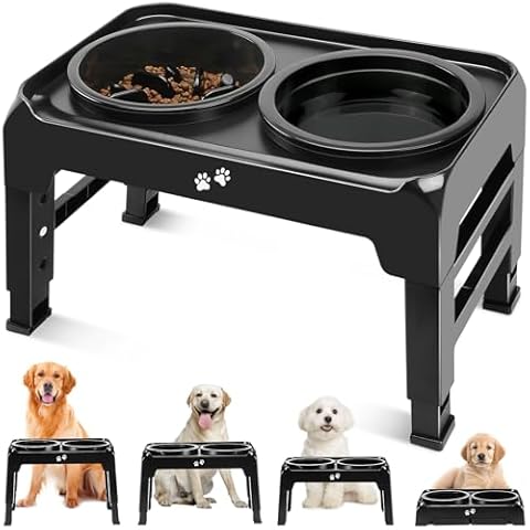 Elevated Dog Bowls, 2-in-1 Dog Feeder with Slow Feeder Dog Bowls & Dog Water Bowl, 4 Heights Adjustable Raised Dog Bowl Stand Non-Slip Dog Food Bowl for Medium Large Dogs, Black Cover