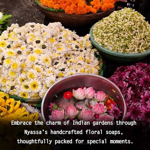 Image of Nyassa An Indian Floral Garden Collection Gift Set | 3 Handmade Natural Soaps - Son Champa, Temple Mogra & Raat Ki Rani | 150g Each | Raksha Bandhan Gifts for Sister, Women & Family | All Skin Types
