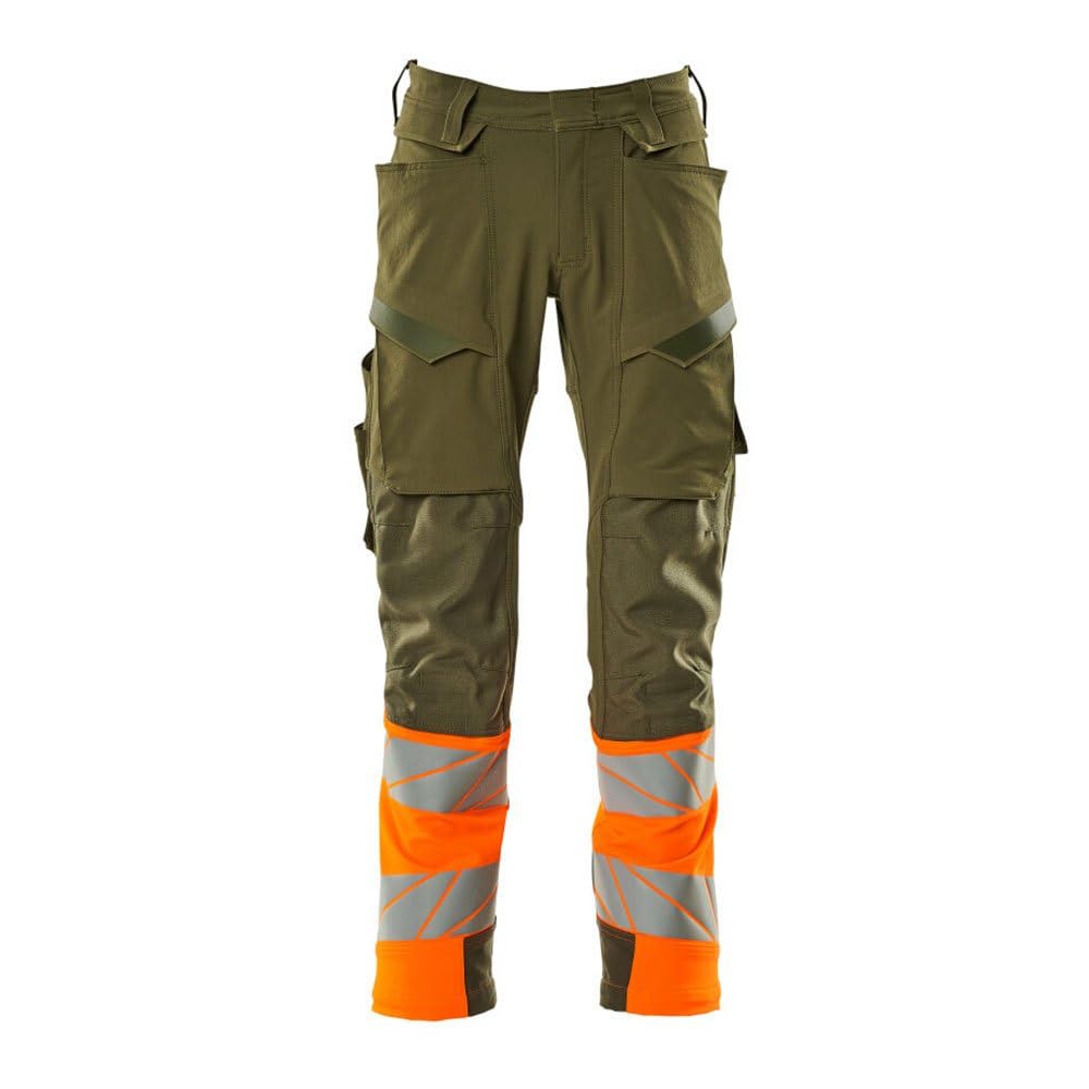 Mascot 19179-511-3314 Accelerate Safe Ultimate Stretch Wasserabweisend Zweifarbig Prowash für Industriewäsche Geeignet Hose mit Knietaschen, Moosgrün/Hi-Vis Orange, 82C60 Größe