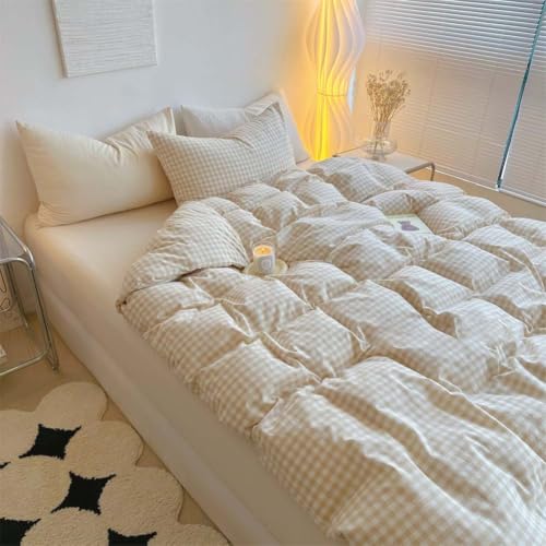 Image of Nayoroom Beige Gingham Duvet Cover Queen Tan Checkered Dorm Bedding