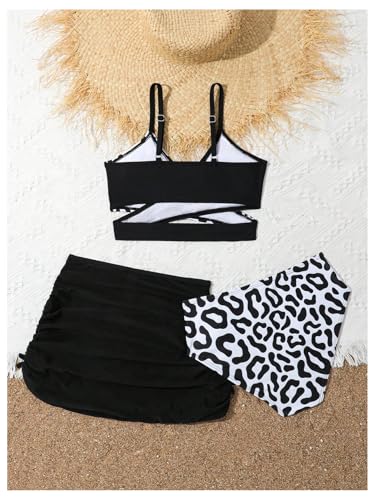 Milumia Girl's 3 Piece Bikini Set Leopard Print Criss Cross Swimwear with Beach Skirt2