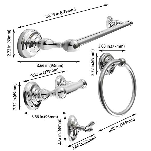 Sento Robiki Modern Silver Bathroom Hardware Accessories Set, Includes Robe Hook, Toilet Paper Holder, Towel Ring, 24" Towel Bar, Duty Metal Bath Hardware Set Wall Mounted(4-Piece, Polished Chrome) #TOP1