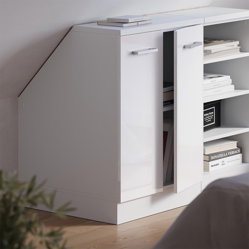Vicco Meuble de Rangement sous Pente Rion, Blanc Haute Brillance/Blanc, L60 x P60 cm avec 2 Portes, Gain de Place pour Les pièces mansardées