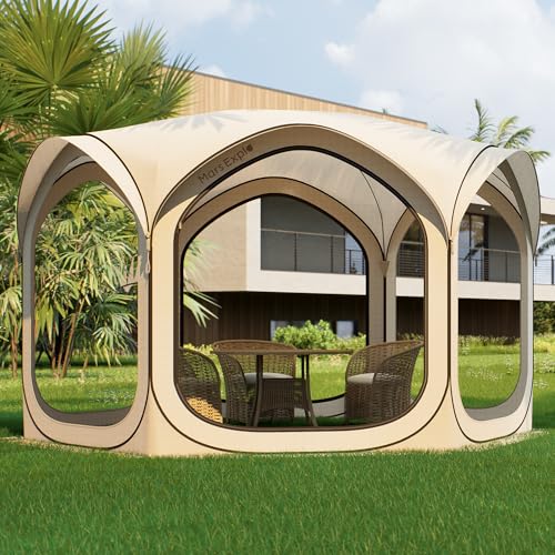 Mars Explo 12x12 FT Pop-Up Screen Tent, Portable Screen Room Canopy with Zipper Doors for Patio, Backyard, Deck & Outdoor Activities, Beige