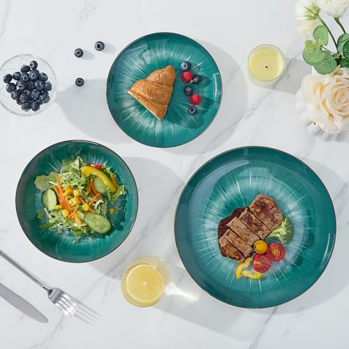 Image of Bestone 12 Piece Round Kitchen Dinnerware Sets,Plates and Bowls sets,Dishes, Plates, Bowls, Dish Set,Plates and Bowls,Service for 4, Chip Resistant Porcelain ,Starburst Turquoise Green