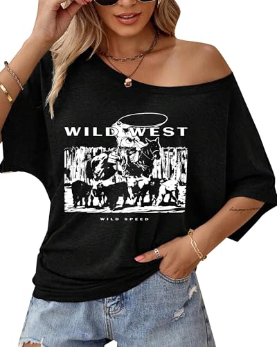 Image of Hilinker Womens Sexy Off The Shoulder Tops Short Batwing Sleeve T Shirt Oversized Casual Tee