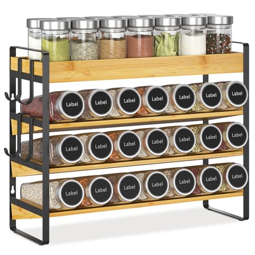 EsLuker.ly Spice Seasoning Rack Organizer Kitchen Countertop, 4 Tier Bamboo Spice Shelf Holder Storage with 4 Hooks, Wall Mounted Freestanding Stand for Pantry, Quick Spice Access(Jars Not Included)