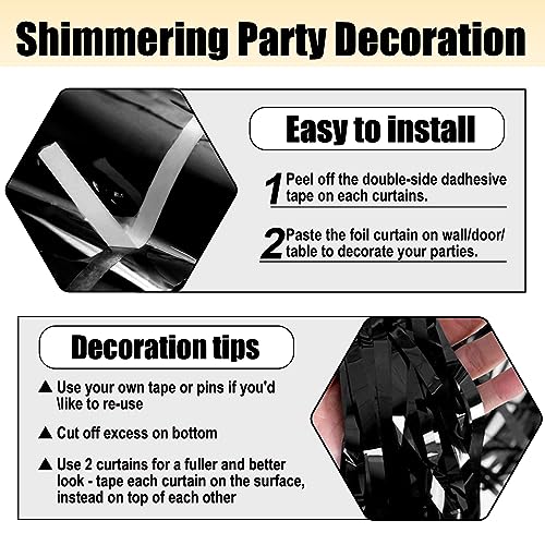 Image of 3 Pack Black Foil Fringe Curtain Backdrop, 3.28Ft x 9.8Ft Metallic Tinsel Foil Fringe Streamer Curtains for Photo Booth, Christmas Day, Thanksgiving, Wedding, New Year Party Decorations