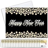 New Year Greeting Cards - N1604. Greeting Cards with Happy New Year on a Black Background Surrounded by Gold Bubbles. Box Set Has 25 Greeting Cards and 26 White with Gold Foil Lined Envelopes.