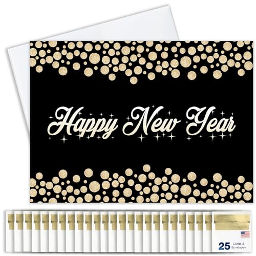 New Years Cards for Business & Family (Golden Bubbles) Greeting Card Set Pack of 25 Happy New Year Cards with Envelopes for 2025 (5x7 inch - A7) Great for Office, Work, Employees & Clients N1604
