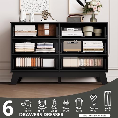Image of HUANLEGO 6 Drawer Dresser for Bedroom, Black Fluted Dressers Chest of Drawers with Gold Handle, Wood Mid Century Modern Dressers for Closet, Bedroom Dresser Storage Organizer for Living Room, Hallway