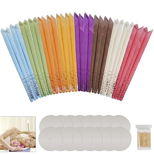 Ysimple 32 Piezas Velas para Los Oídos,8 Diferentes Fragancias Velas Naturales para Los Oídos con 10 Discos Protectores y Bastoncillos de Algodón,para Eliminar el Cerumen,Relajación y Limpieza