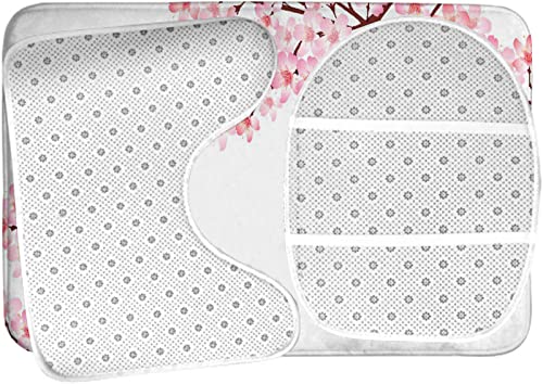 Badezimmerteppich-Set, 3-teilig, Frühlings-Kirschblüten-Kunstgemälde, Effektdruck, Moderne Kunst, waschbare Badteppiche, rutschfest, mit Rückenpolster, Konturteppich und Toilettendeckelbezug – Bild 6