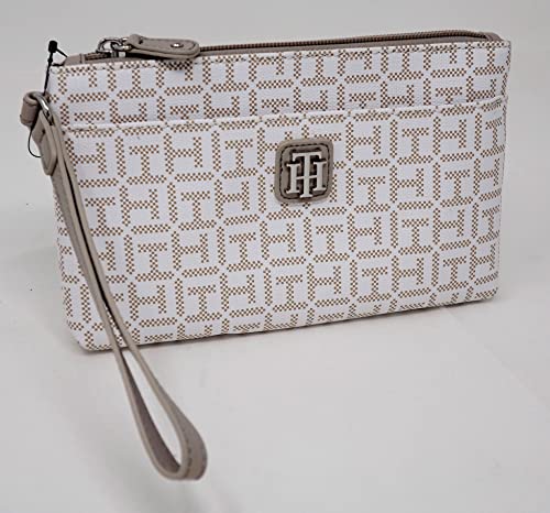 Tommy Hilfiger Women White Tan Coated Canvas Logo Print Wristlet Wallet Clutch Bag