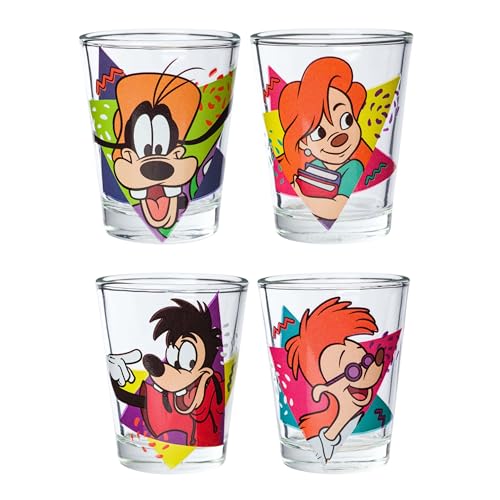Image of Silver Buffalo Disney A Goofy Movie Featuring Goofy, Max Goof, Roxanne and Bobby Zimuruski 4 Pack Mini Glass Set, 1.5 ounces
