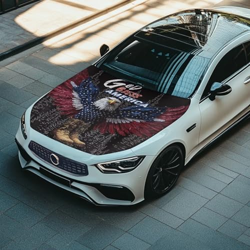 Image of Car Hood Cover Elastic Polyester Car Hood Protector Auto Flag Veterans Day Decorations Auto Exterior Accessories for Compact Sedans SUV Pickup Trucks (American Flag Eagle Design)