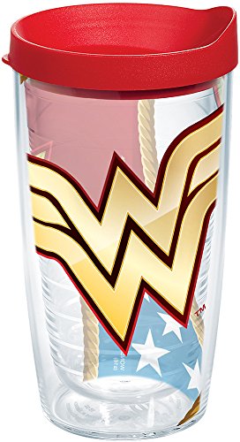 Tervis 1211879 Wonder Woman Colossal Tumbler with Wrap and Red Lid 16oz, Clear