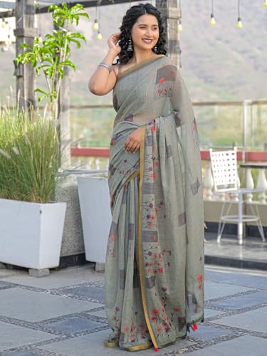 Image of SIRIL Women's Cotton Linen Printed Zari Border Saree with Unstitched Blouse Piece