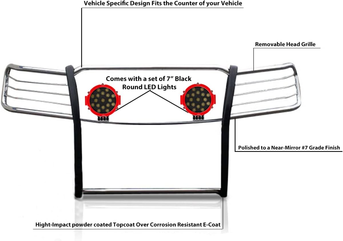 Black Horse Grille Brush Bumper Guard Modular Stainless Steel Come with Pair of 7.0" Dia.LED Lights with Red Trim Rings Compatible with 2007-2013 Chevrolet Silverado 1500-17A035700A2MSS-PLR