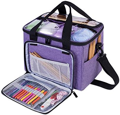 Teamoy Knitting Bag, Yarn Storage Tote with Inner Divider for Yarn and Unfinished Project, Crochet Hooks, Knitting Needles and Accessories (NO accessories included), Purple