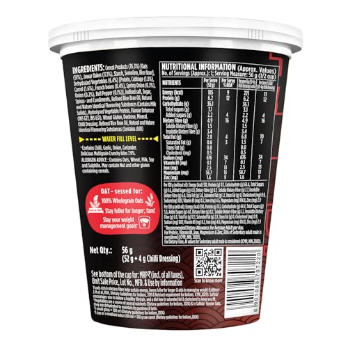 Image of Saffola Korean Cuppa Oats, Fiery Hot, with chilli dressing sachet, No added preservatives, Ready in 4 mins, 56g (Pack of 2)