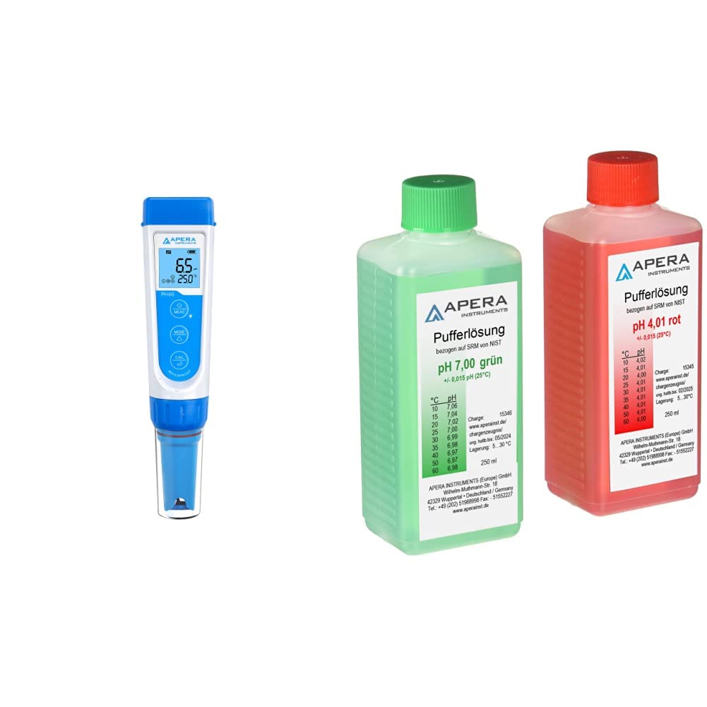 Apera Instruments PH60 Premium pH-Meter (Genauigkeit pH ±0,01, Messbereich pH -2,0-14,0), Standard Glaselektrode & pH Kalibrierlösung Set 4.01/7.00 je 250ml, Pufferlösung Set