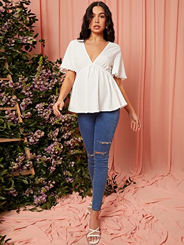 Oyoangle Women's Maternity Deep V Neck Short Sleeve Ruffle Hem Blouse Peplum Tops White M #TOP5